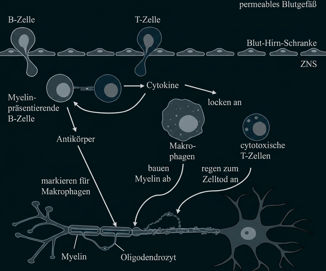 Schematische Darstellung: Immunzellen (B‑Zellen, T‑Zellen, Makrophagen) greifen Myelin und Oligodendrozyten im Zentralnervensystem an.